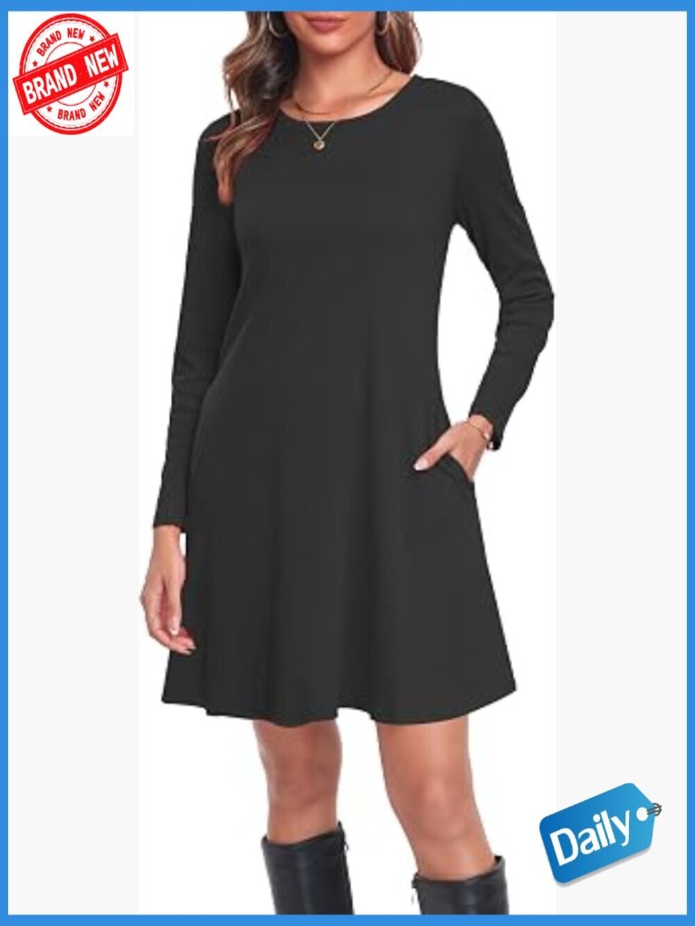 Long Sleeve Tshirt Dress with Pockets Casual Loose Swing Dress for Women